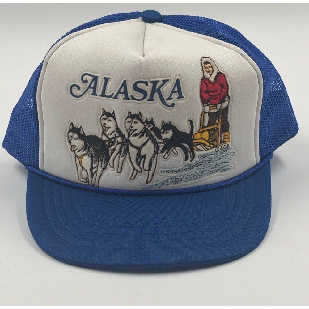 Vintage 1980s Alaska Sled Dog Trucker Hat Blue ACE Foam Rope Cap Youth